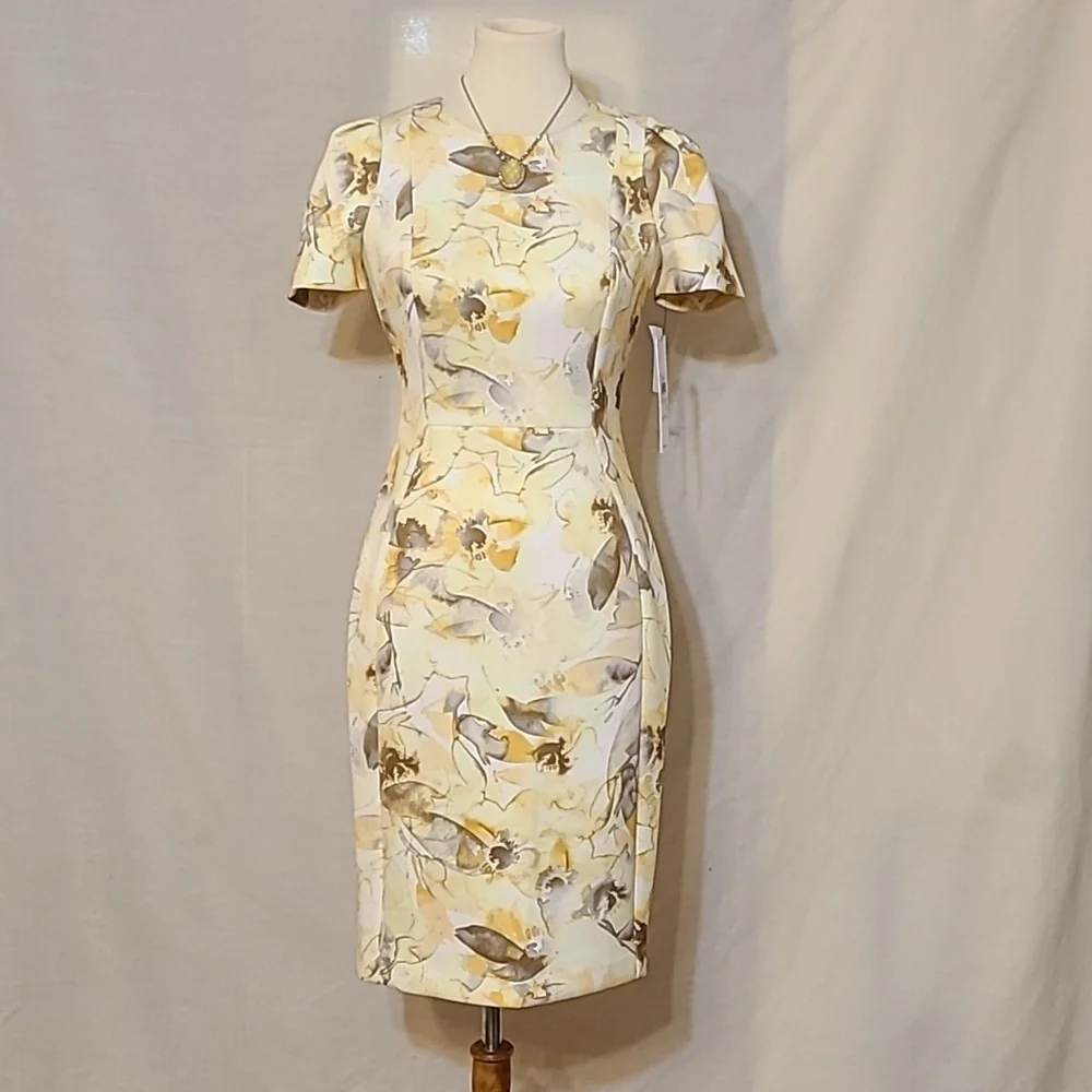 Calvin Klein Yellow Floral Detail Short Sleeve Sheath Dress - Picture 11 of 11